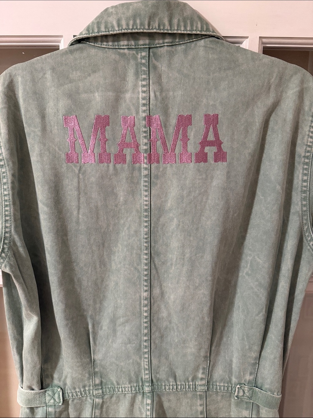 Custom designed Mama pistola Washed Mint Green Short-Sleeve Utility Jumpsuit